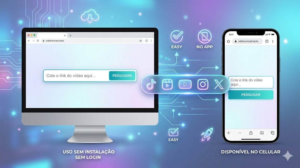 Navegador aberto em Desktop e Smartphone lado a lado, com campo para colar link de vídeo, botão de busca e interface simples
