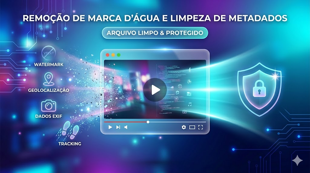 Vídeo sendo processado digitalmente, com camadas invisíveis de dados sendo apagadas, ícones de geolocalização, EXIF, tracking e marca d’água desaparecendo