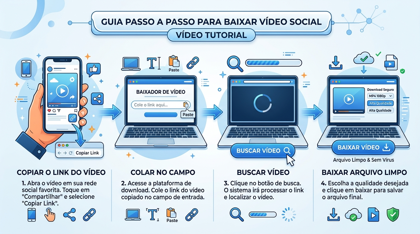 Infográfico moderno mostrando passo a passo para baixar um vídeo social: copiar link, colar no campo, buscar vídeo, baixar arquivo limpo