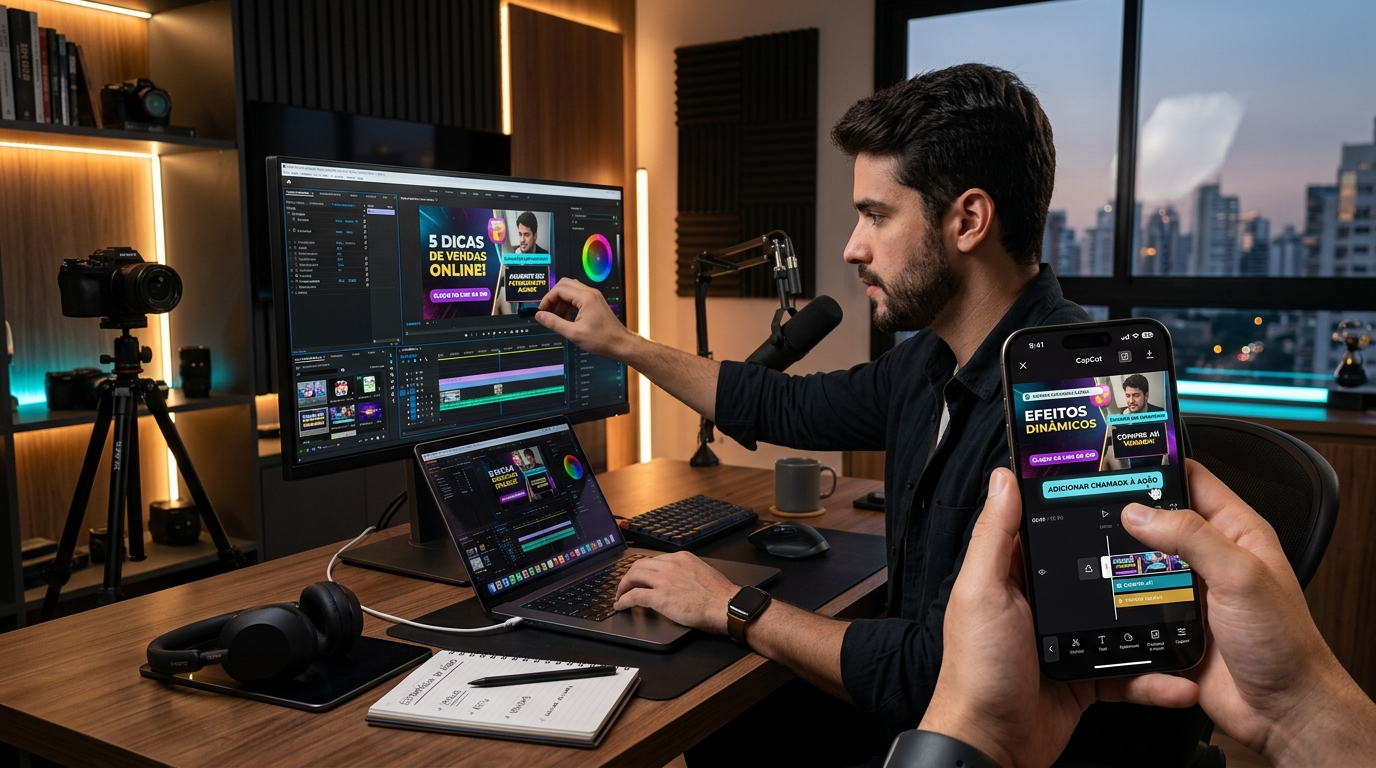 Criador de conteúdo ou afiliado editando vídeos no celular e no computador, adicionando textos dinâmicos, efeitos e chamadas para ação. Ambiente de trabalho digital, foco em produtividade, vendas online e criação estratégica de conteúdo